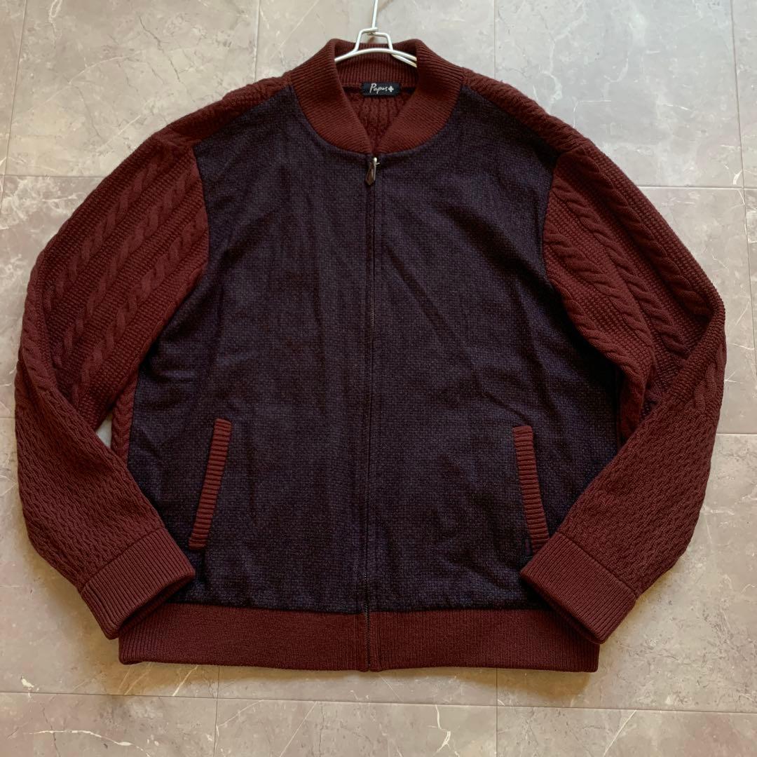 PAPAS + パパスプラス　ニットZIPブルゾン　袖ケーブル　エンジ　L