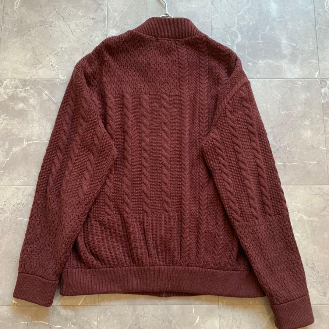 PAPAS + パパスプラス　ニットZIPブルゾン　袖ケーブル　エンジ　L