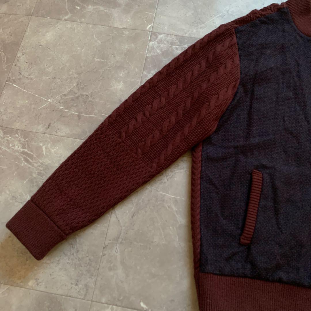 PAPAS + パパスプラス　ニットZIPブルゾン　袖ケーブル　エンジ　L