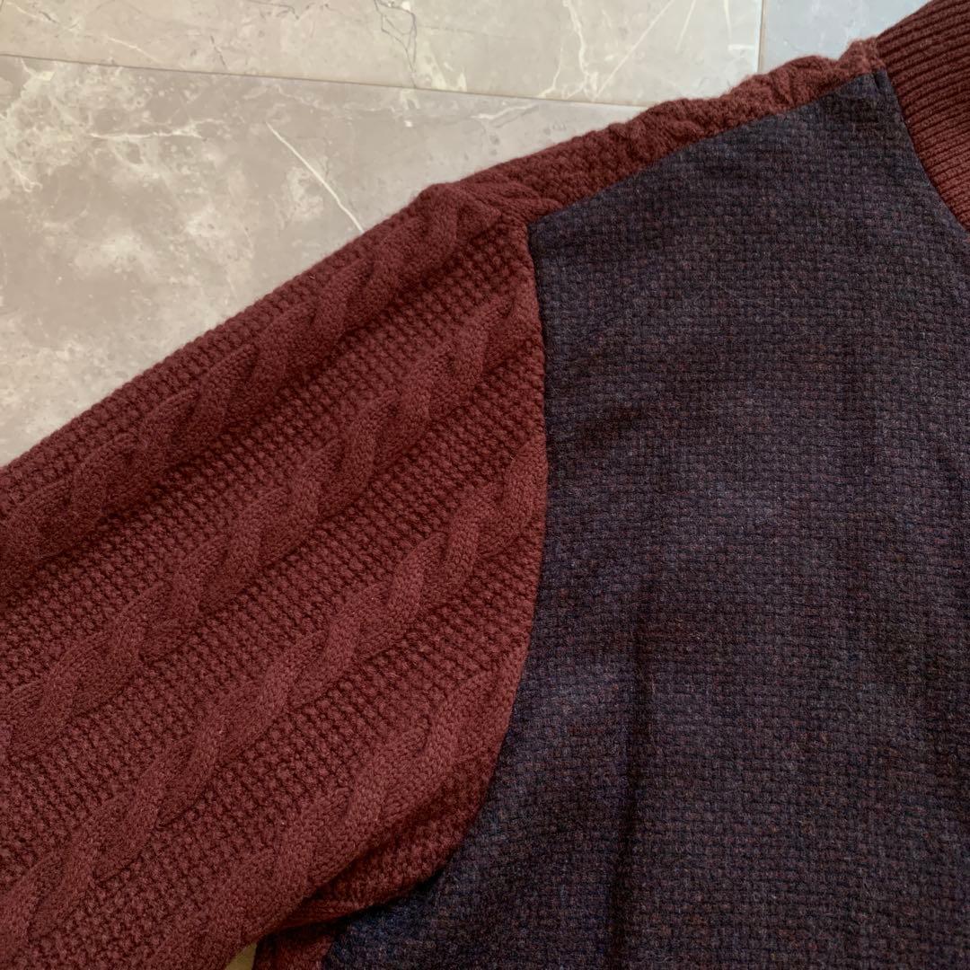 PAPAS + パパスプラス　ニットZIPブルゾン　袖ケーブル　エンジ　L