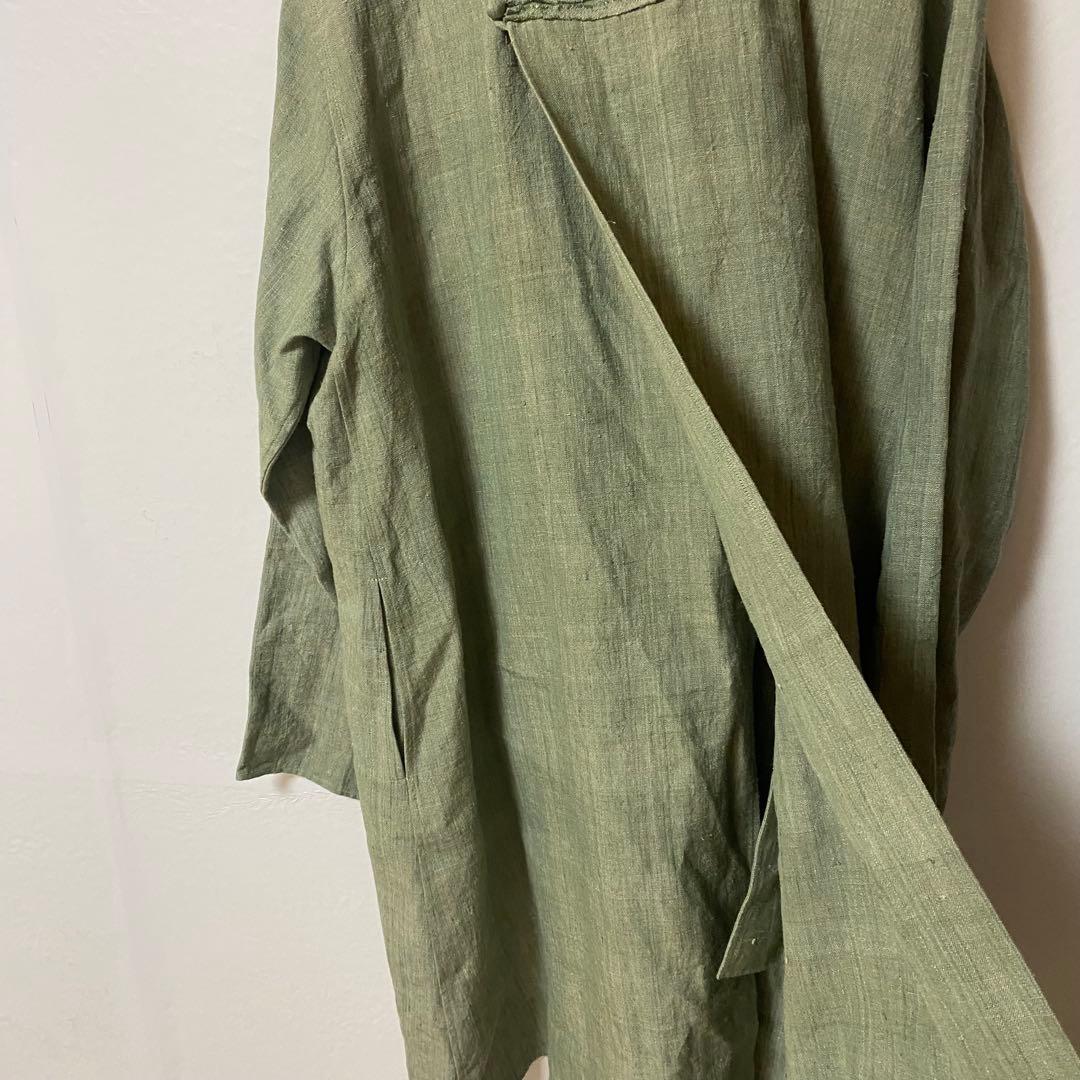 ヨーガンレール　長袖チュニック　グリーン　麻55% 絹45% 薄手　無地