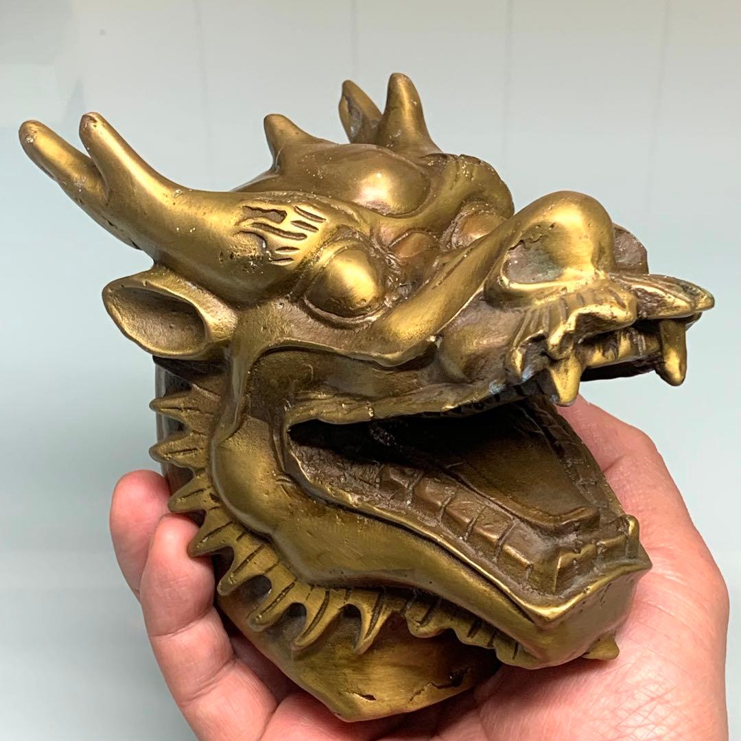 縁起物　文房具　純銅製の龍頭　龍の彫刻　文鎮　置物　時代物　古美術