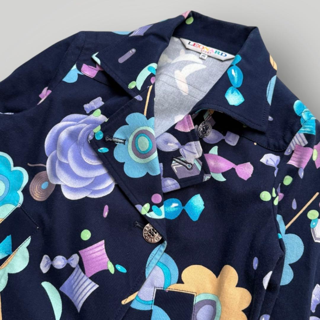 美品☆LEONARD レオナールスポーツ コート トリム 花柄 ネイビー 40