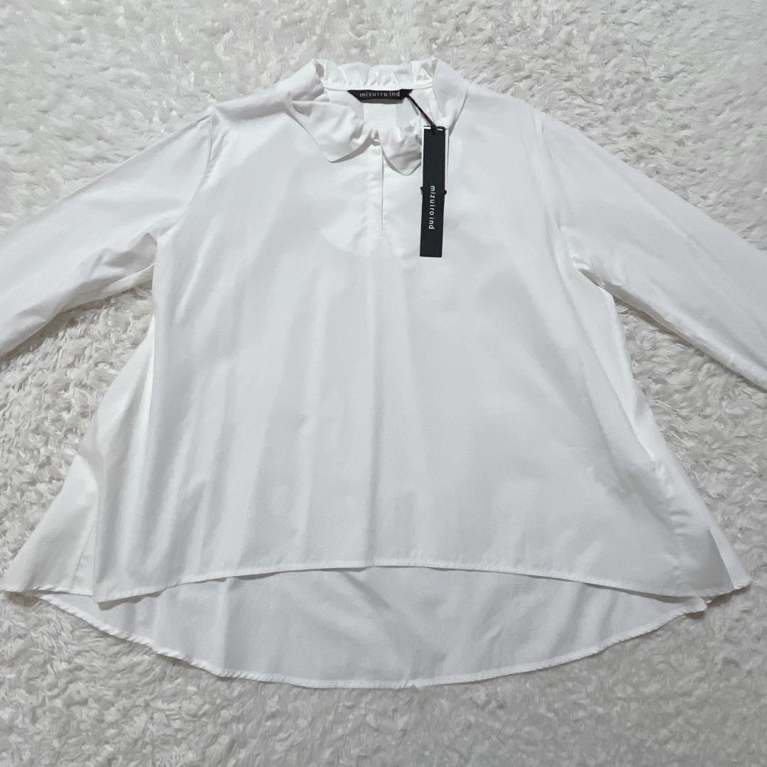 タグ付き新品✨ミズイロインド 丸襟ギャザー　ブラウスシャツ　長袖　ホワイト