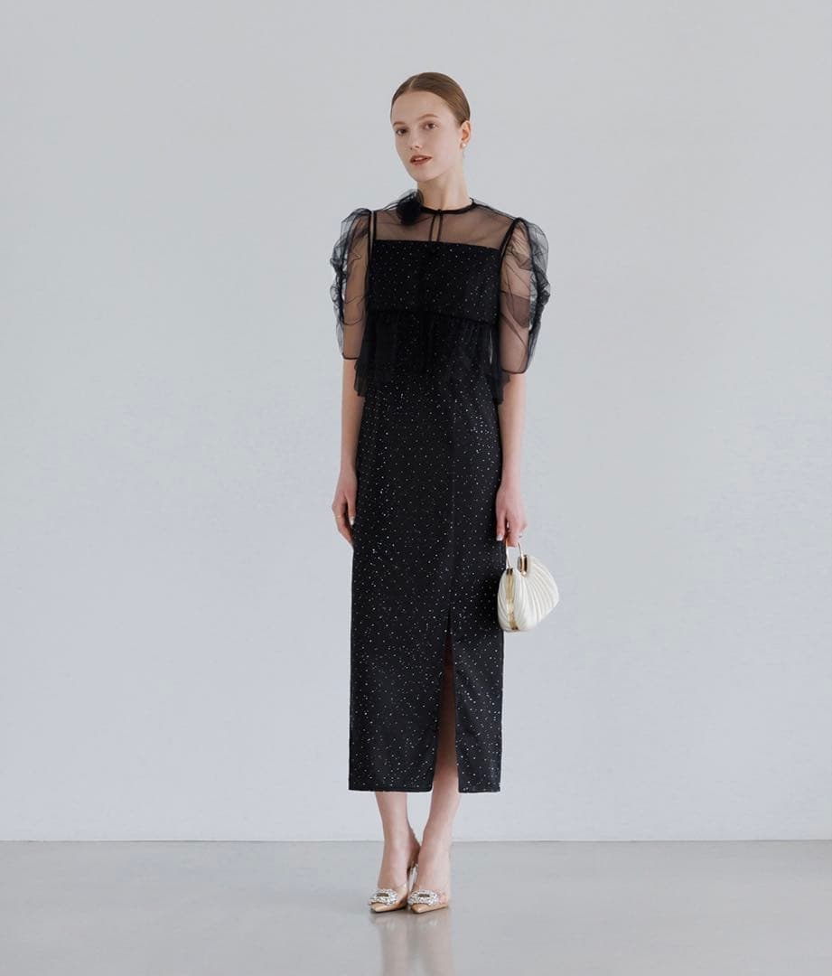 【leja】チュールフラワーモチーフドットストーンIラインワンピースドレス S