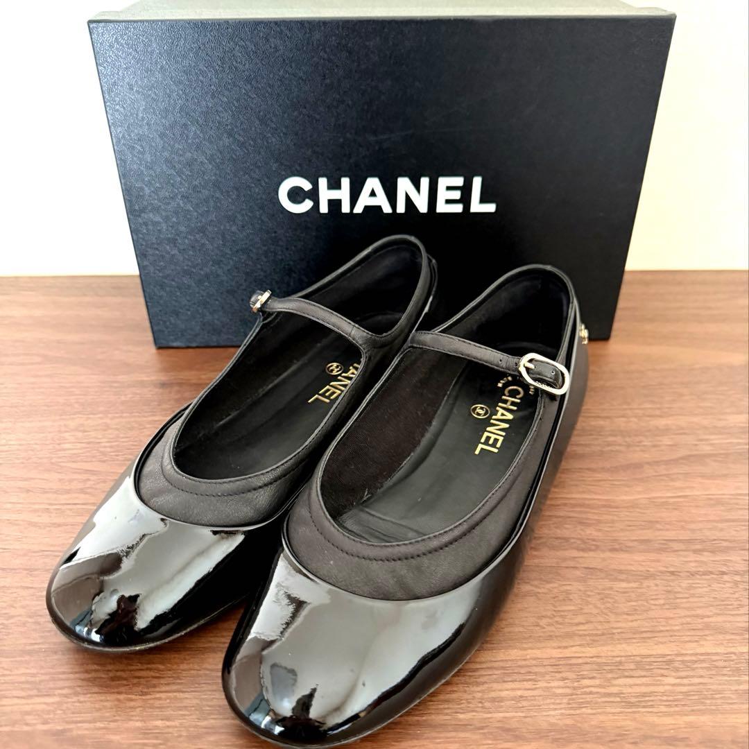 美品 CHANEL シャネル ストラップシューズ バレエシューズ ブラック 39