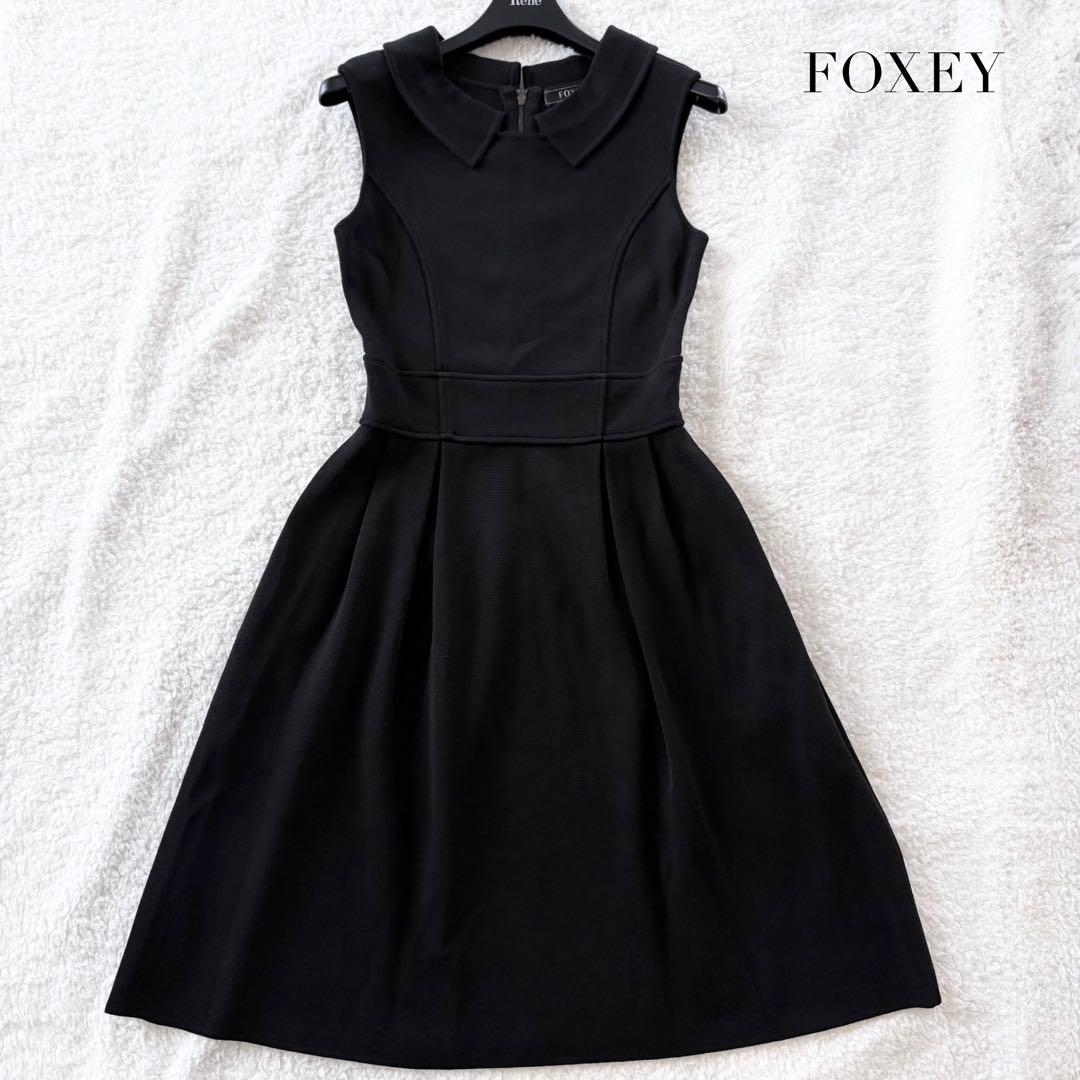 美品✨フォクシー 襟付き ニットワンピース ノースリーブ フレア 黒