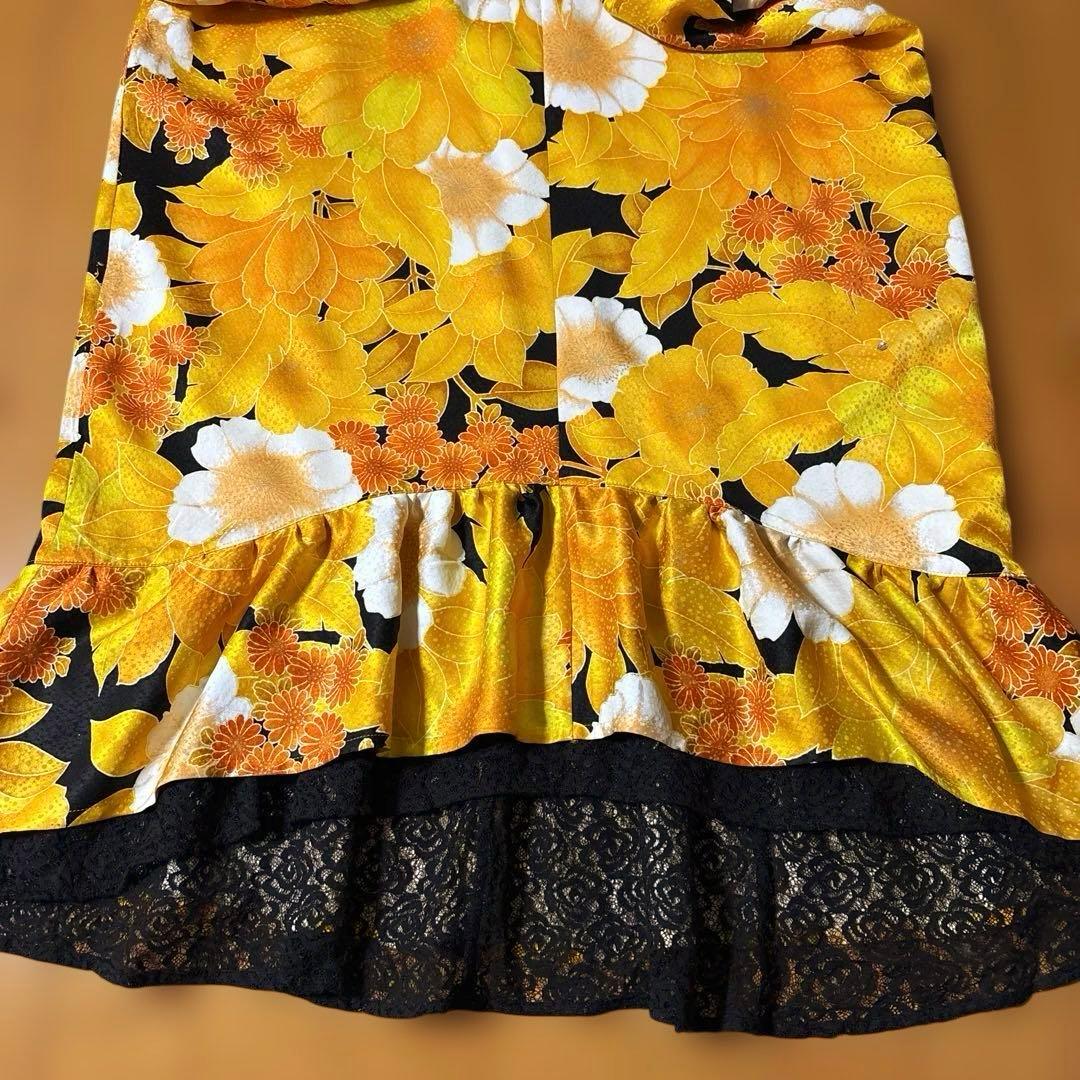 恵美子様 着物 振袖 リメイク 花柄ロングドレス オレンジ 黒 カラオケ