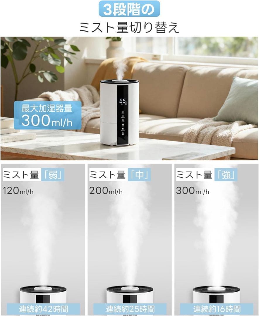 新品！加湿器　卓上小型　大容量5l アロマ対応　乾燥防止　超音波式パワフル　静音