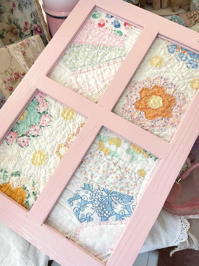 アンティークキルト 窓枠フレーム リバーシブル♡ピンク·͜· ♡