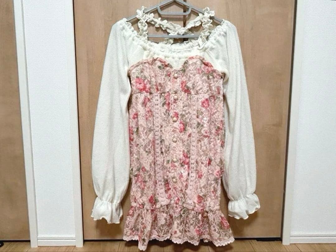 LIZLISA♡ぼかし薔薇柄♡起毛パワーネットレース♡チュニックトップス♡ピンク