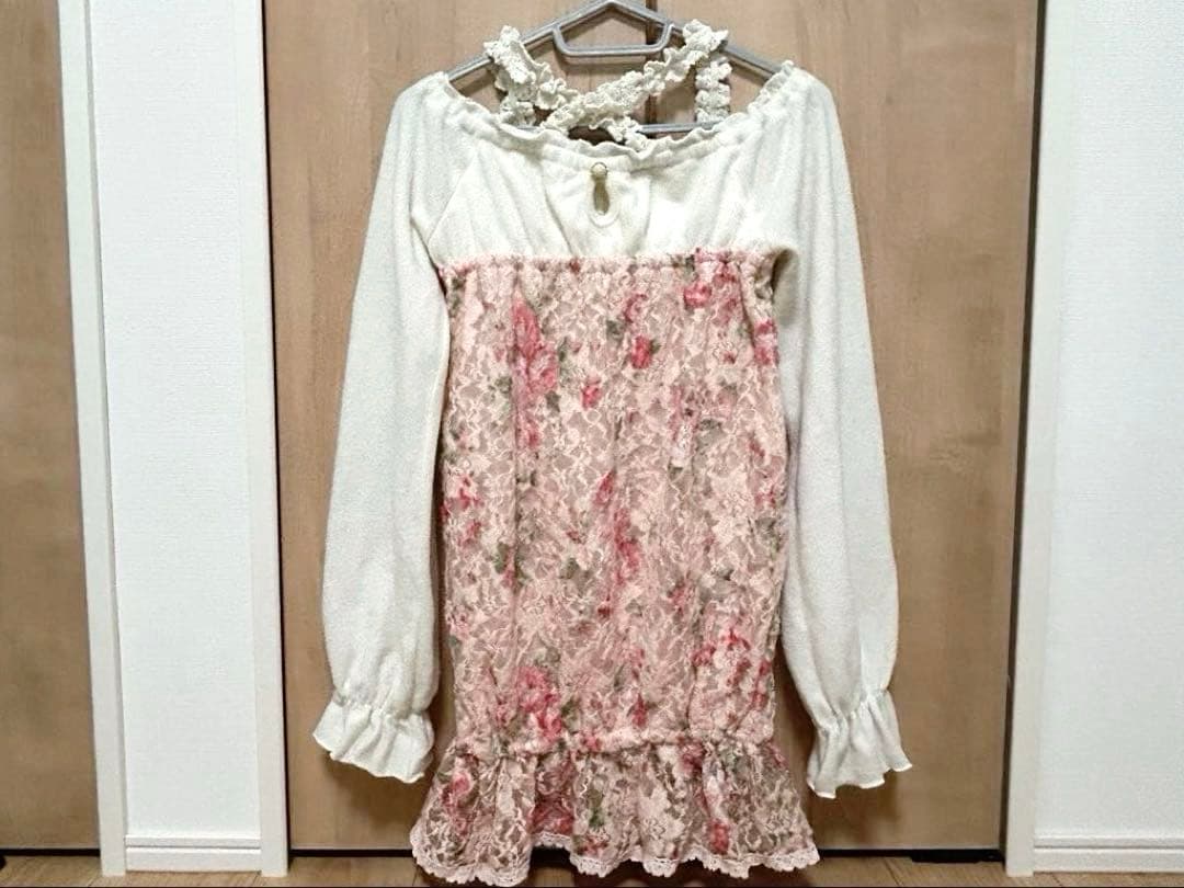 LIZLISA♡ぼかし薔薇柄♡起毛パワーネットレース♡チュニックトップス♡ピンク