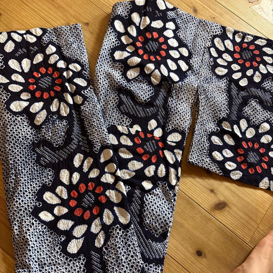 有松鳴海絞り浴衣 向日葵 ヒマワリ 身丈153 手縫い 藍染 絞り ヴィンテージ