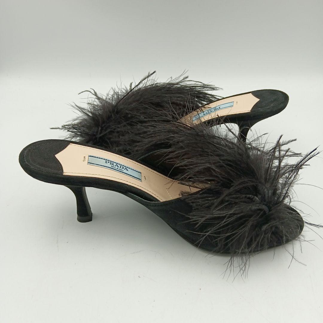 M613B プラダ フェザーファー ミュール 35 約22.5cm ブラック