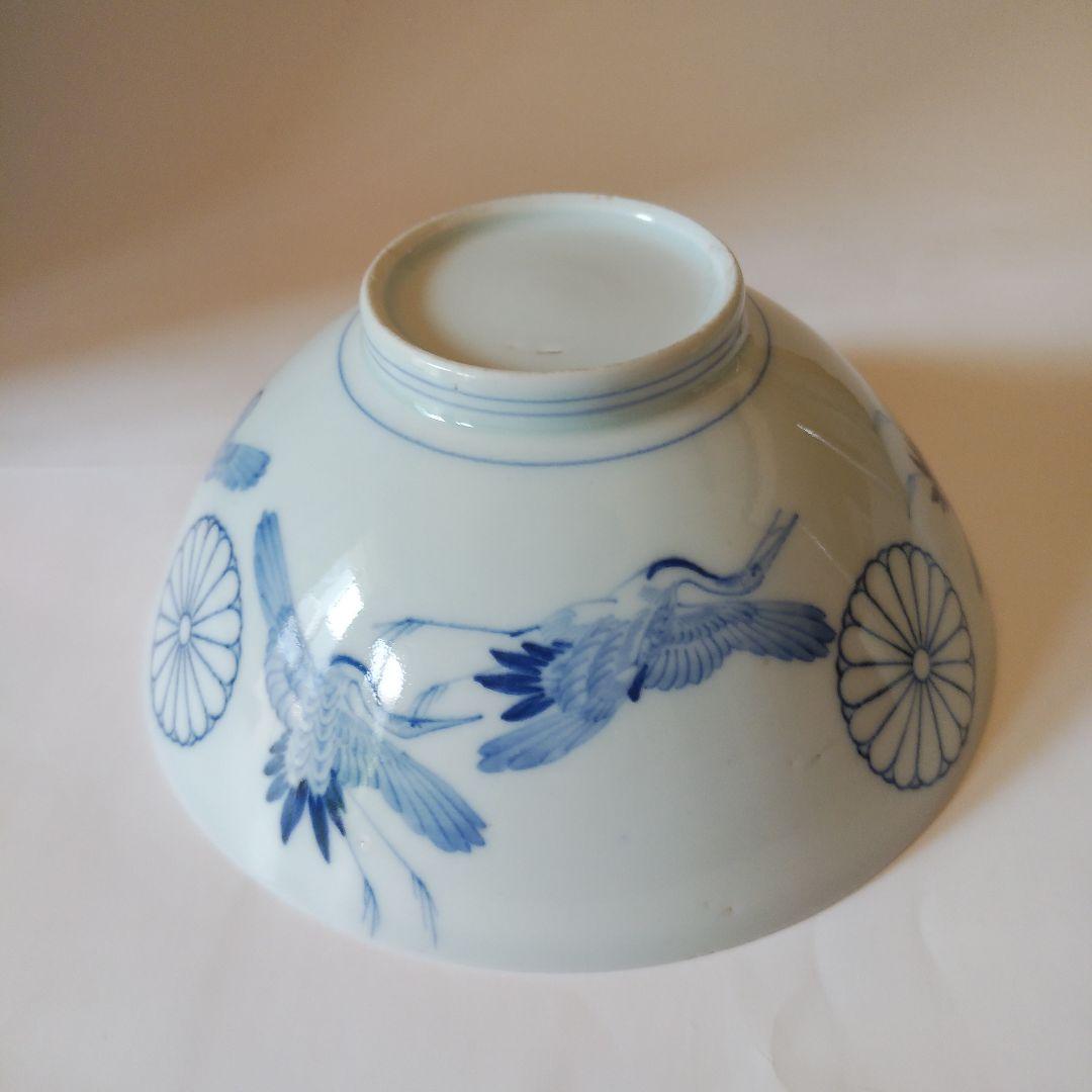 希少品 古伊万里 染付 十六弁菊花群鶴文碗 伊万里焼 天皇家 禁裏御用品