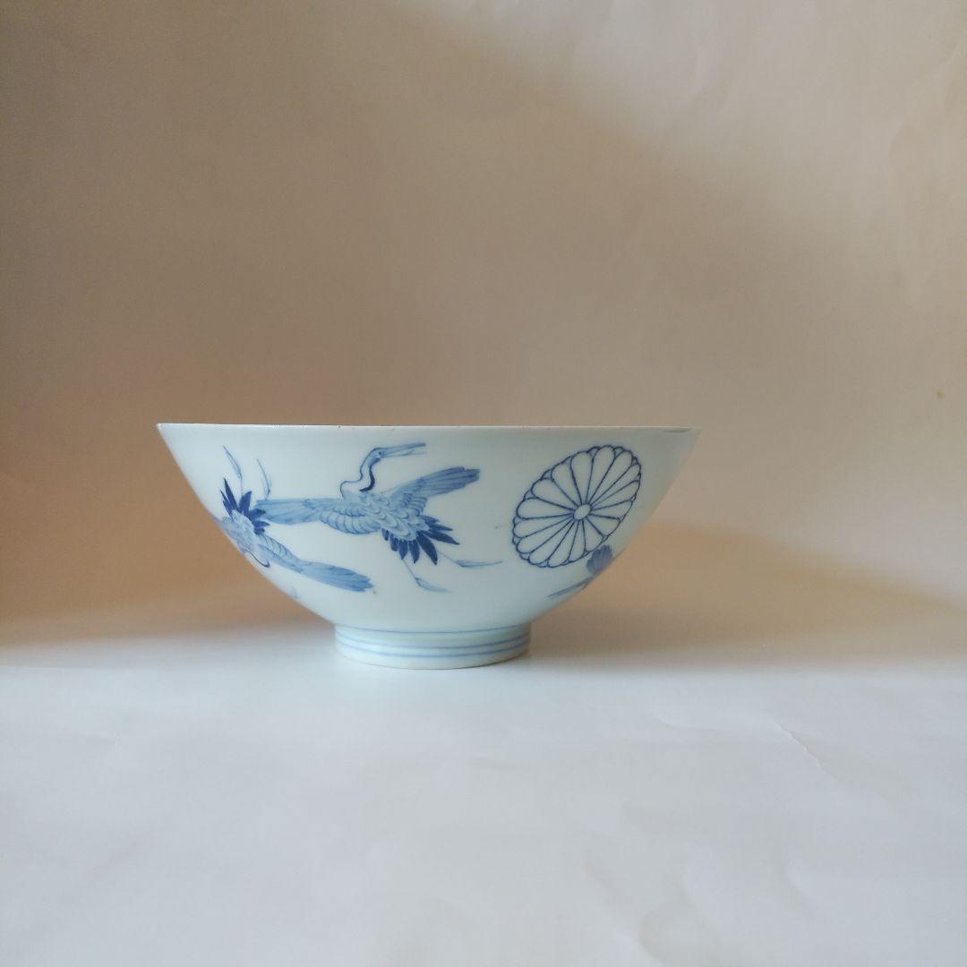 希少品 古伊万里 染付 十六弁菊花群鶴文碗 伊万里焼 天皇家 禁裏御用品
