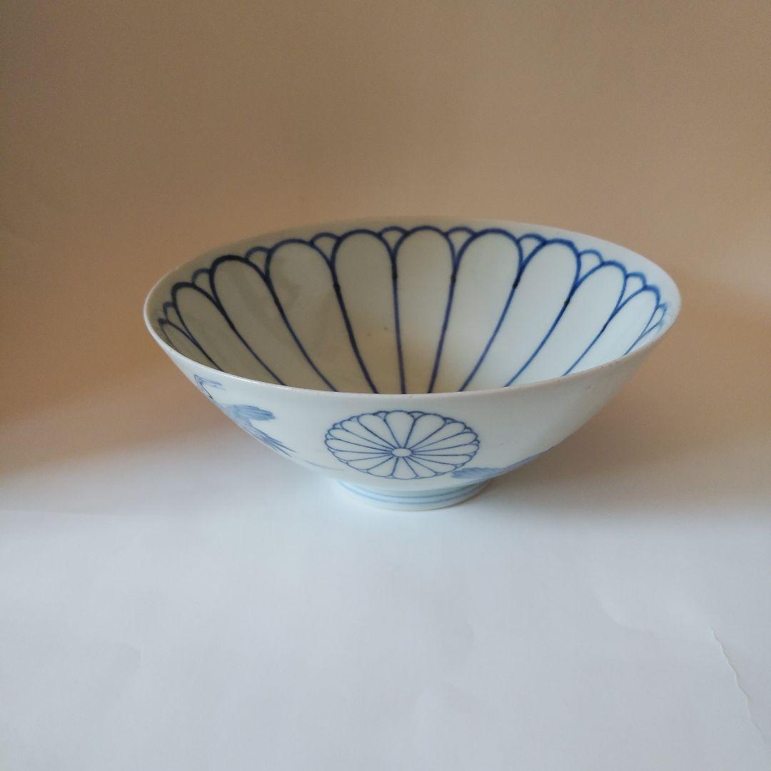 希少品 古伊万里 染付 十六弁菊花群鶴文碗 伊万里焼 天皇家 禁裏御用品