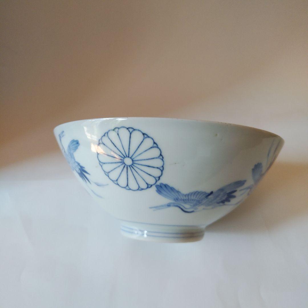 希少品 古伊万里 染付 十六弁菊花群鶴文碗 伊万里焼 天皇家 禁裏御用品