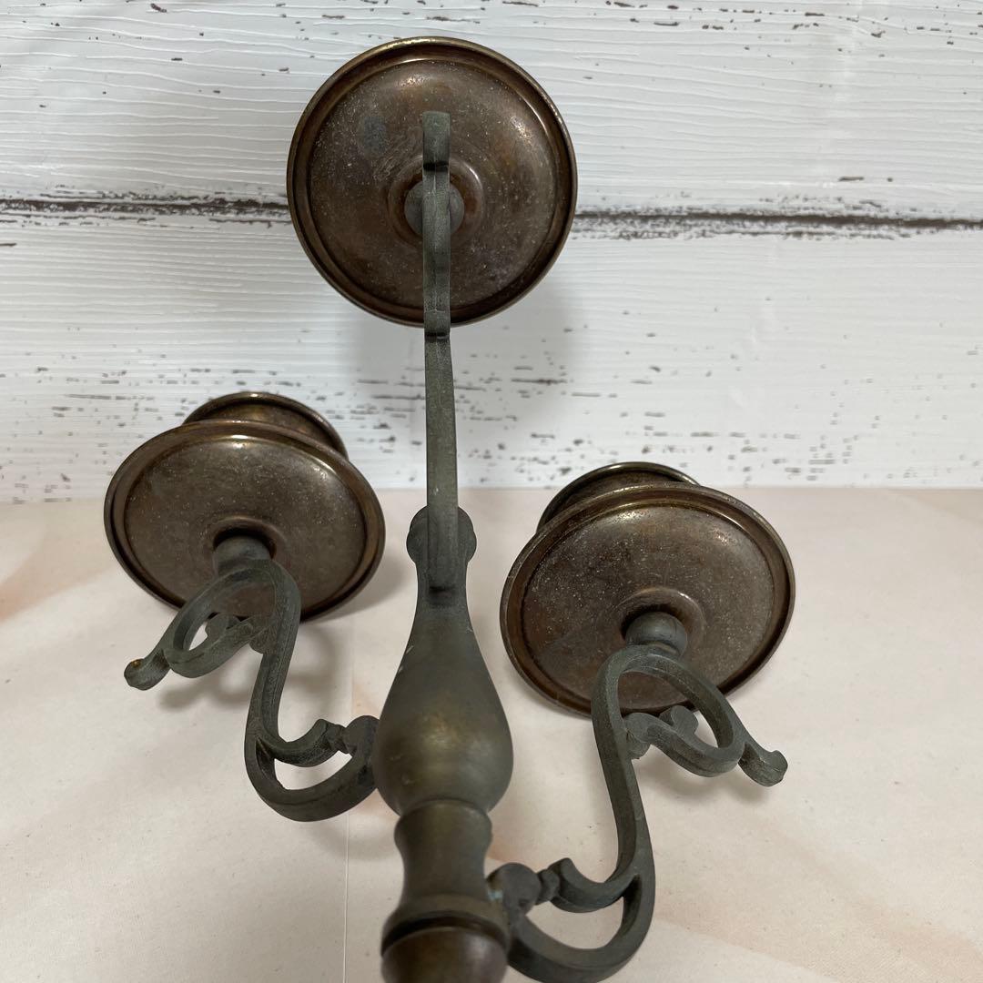 アンティーク　イタリア製　3灯式キャンドルスタンド　ブロンズと木目の燭台