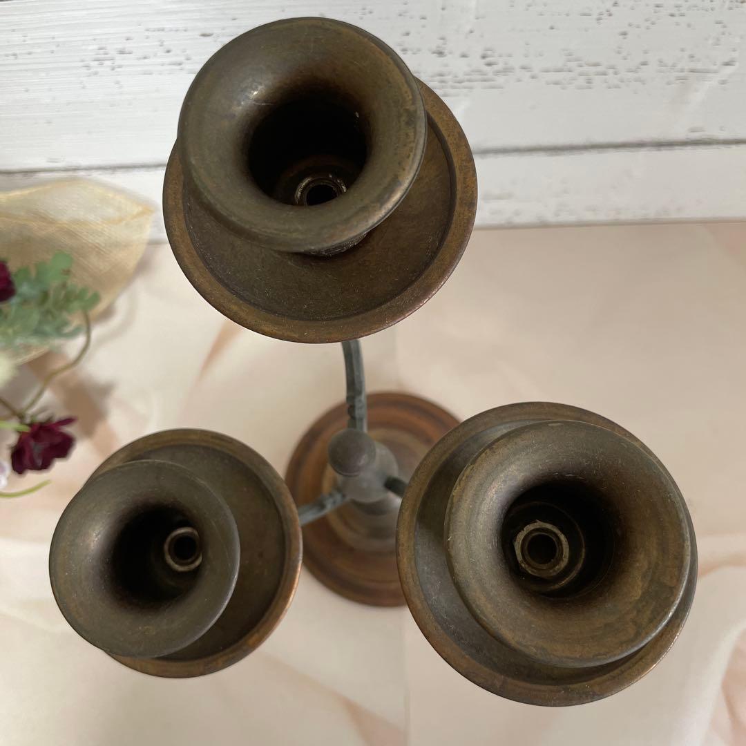 アンティーク　イタリア製　3灯式キャンドルスタンド　ブロンズと木目の燭台