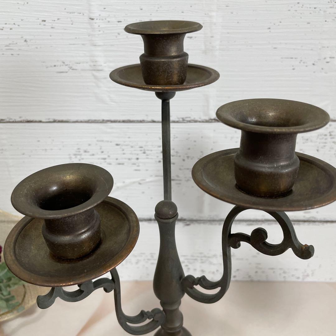 アンティーク　イタリア製　3灯式キャンドルスタンド　ブロンズと木目の燭台