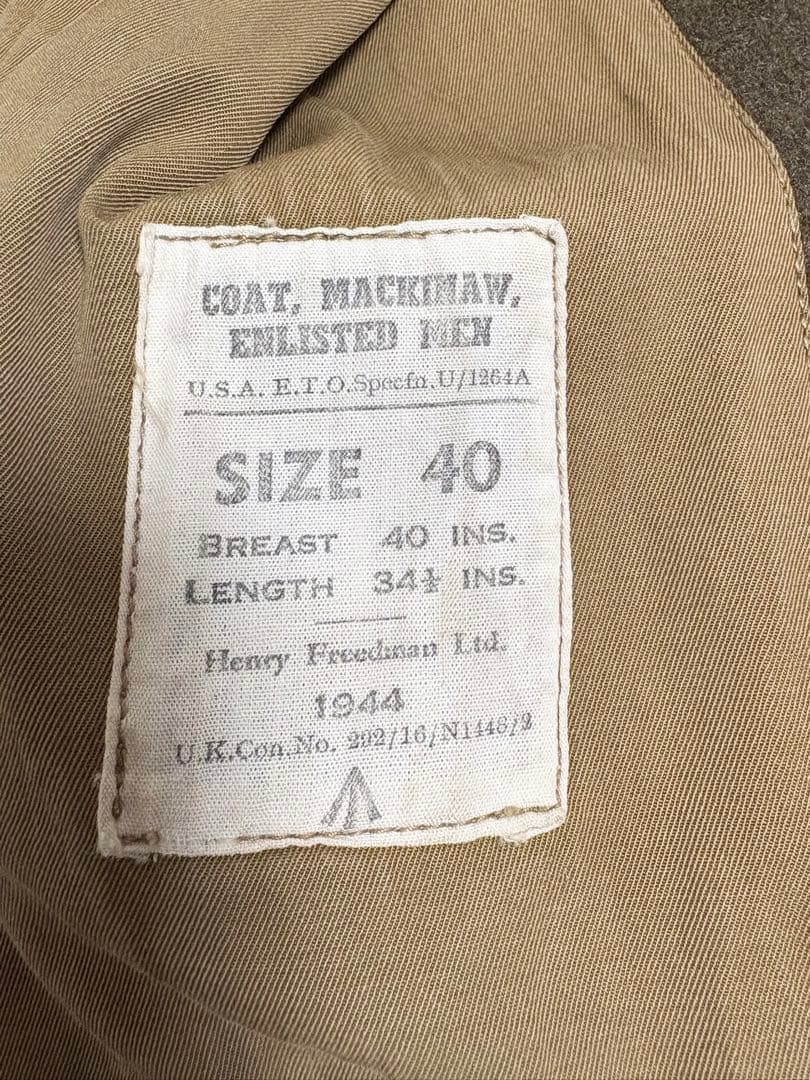 イギリス軍 実物 マッキーノコート 1944年 サイズ40