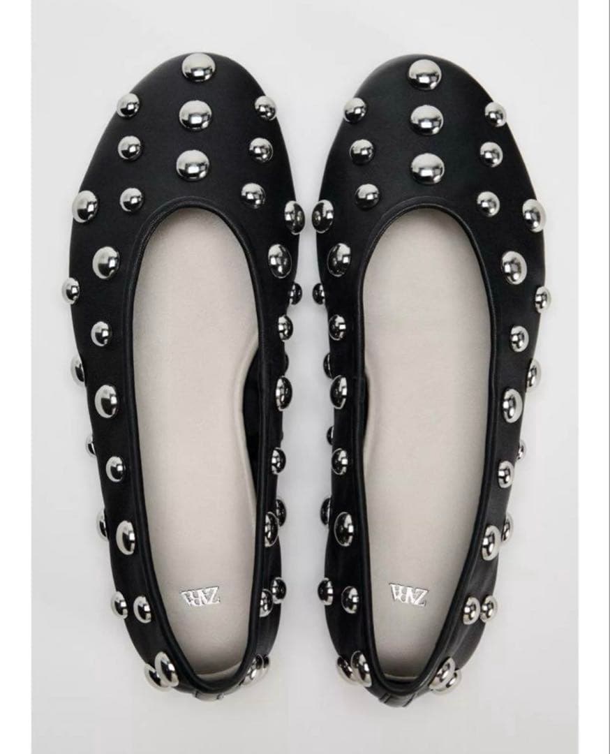 ZARA ザラ スタッズ付きレザーバレリーナシューズ 38 (24.6cm)