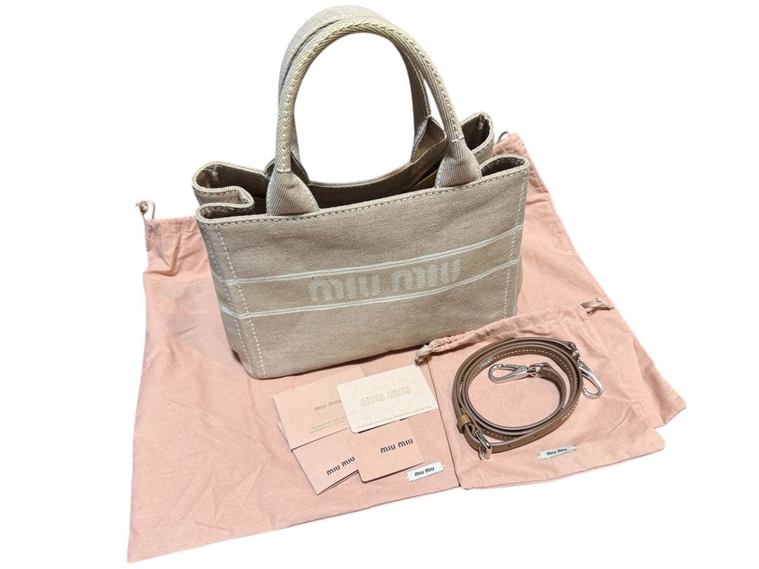 ミュウミュウ miumiu キャンバス トート ハンドバッグ ベージュ バッグ