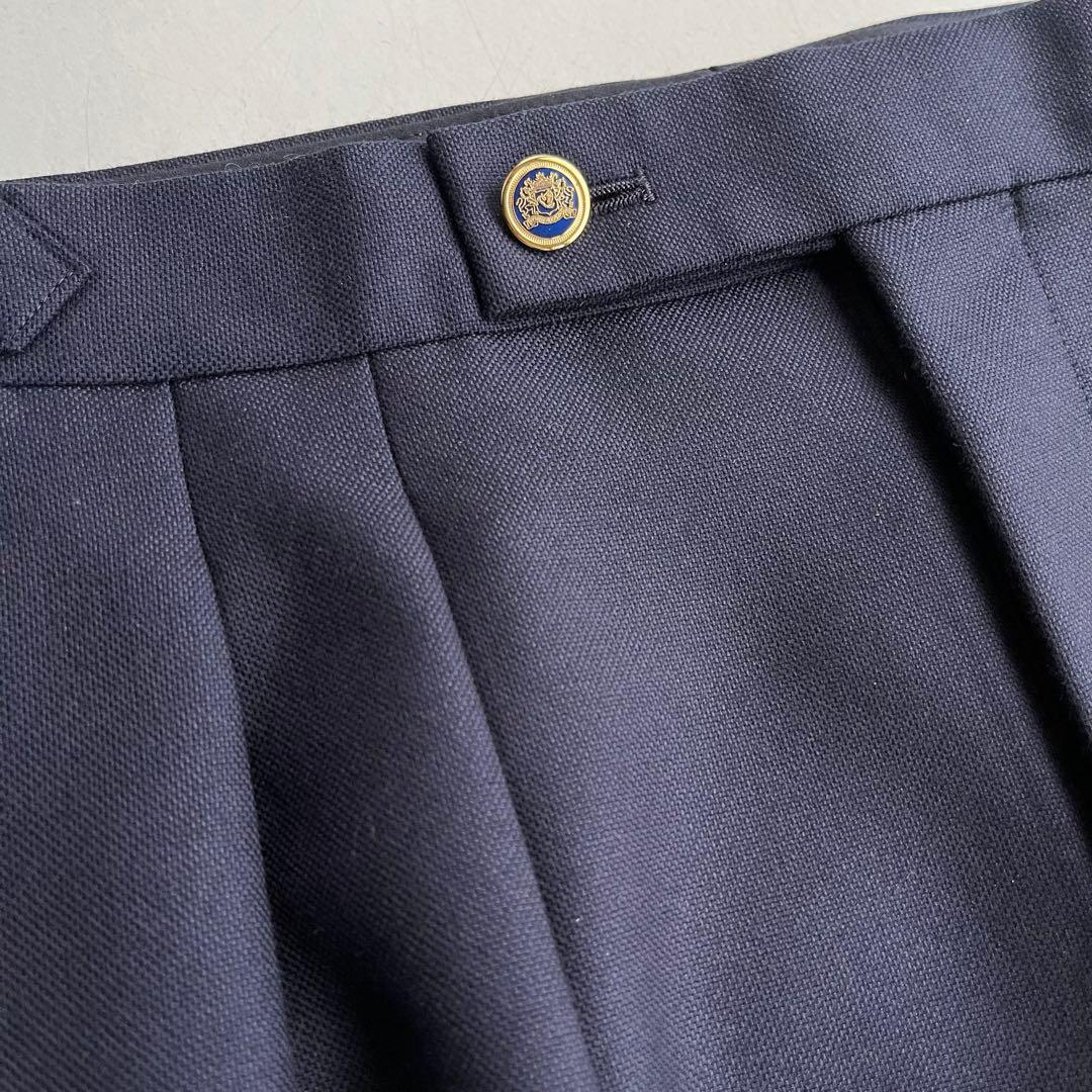 ネイビー 2タックインプリーツスラックス ダブル裾