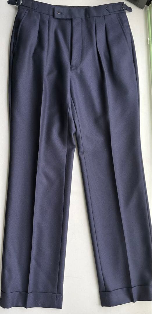 ネイビー 2タックインプリーツスラックス ダブル裾