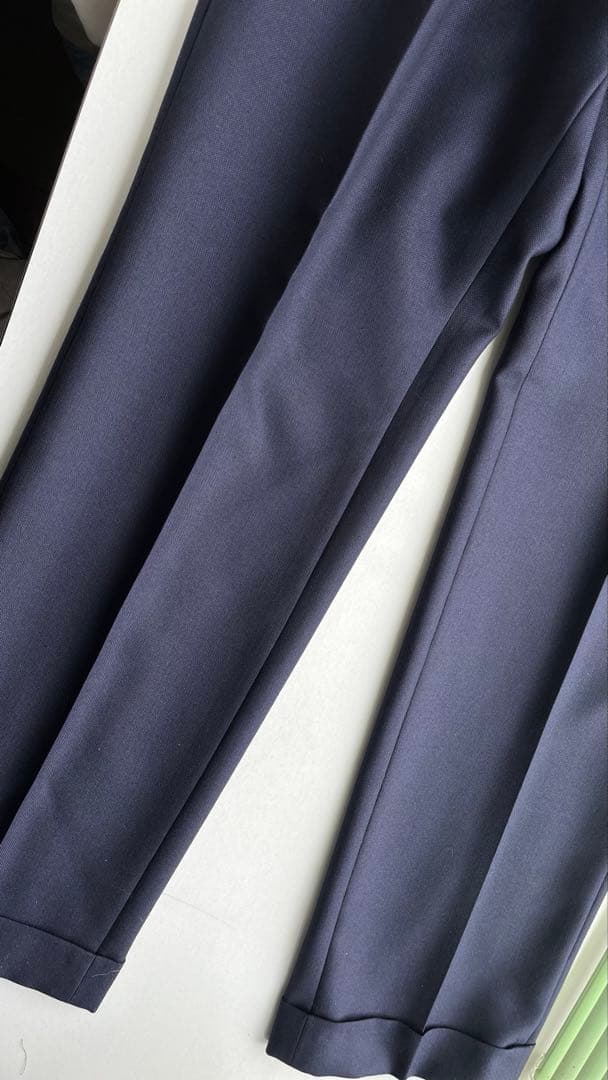 ネイビー 2タックインプリーツスラックス ダブル裾