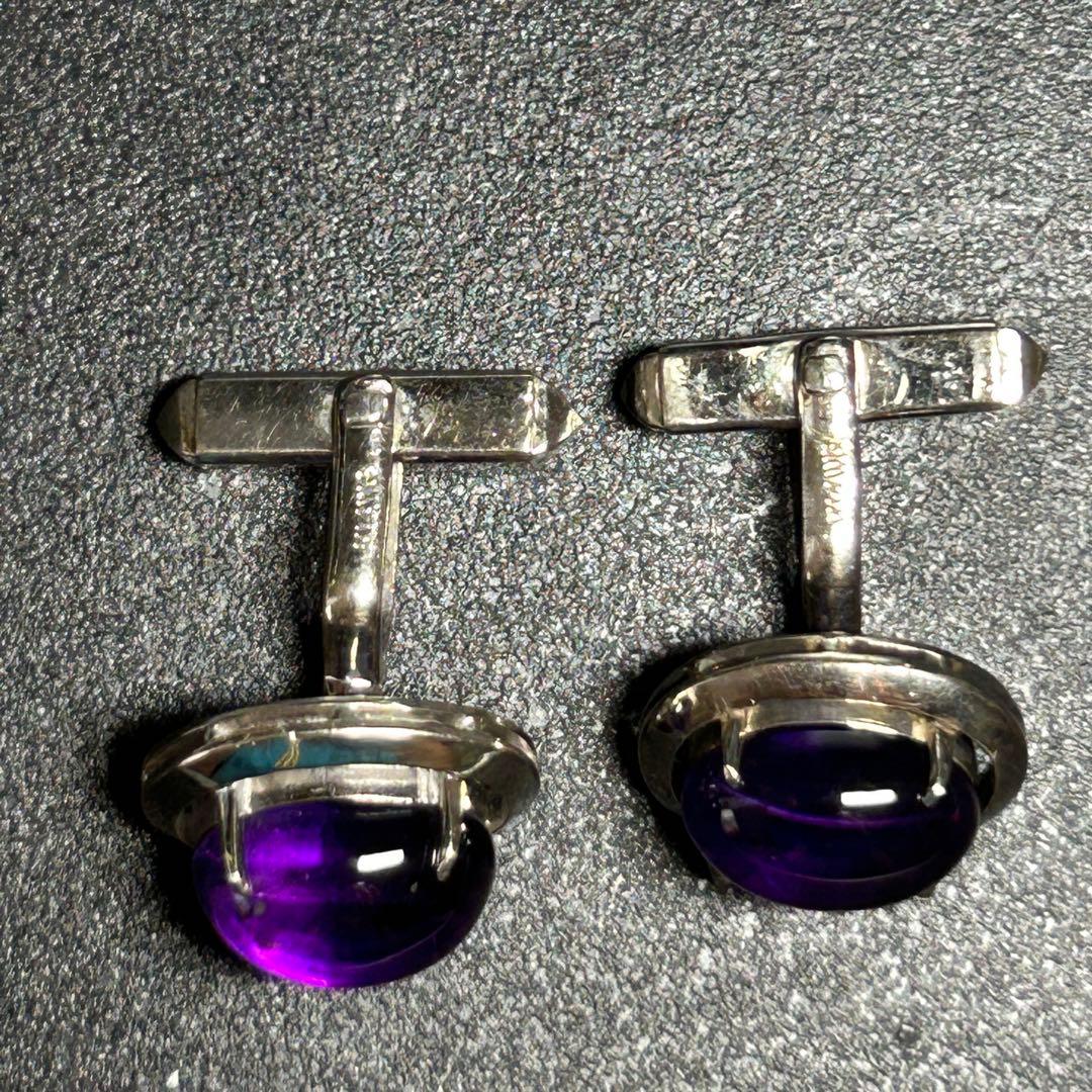 天然石　大粒アメジスト？　14KWG　14金ホワイトゴールド　カフリンクス