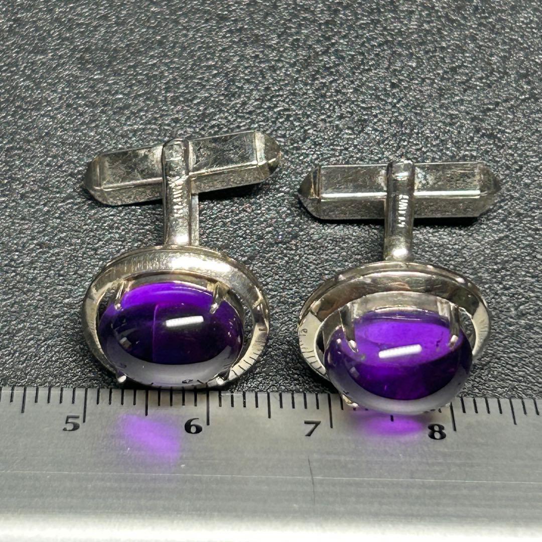 天然石　大粒アメジスト？　14KWG　14金ホワイトゴールド　カフリンクス