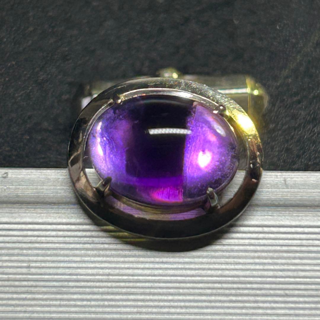 天然石　大粒アメジスト？　14KWG　14金ホワイトゴールド　カフリンクス