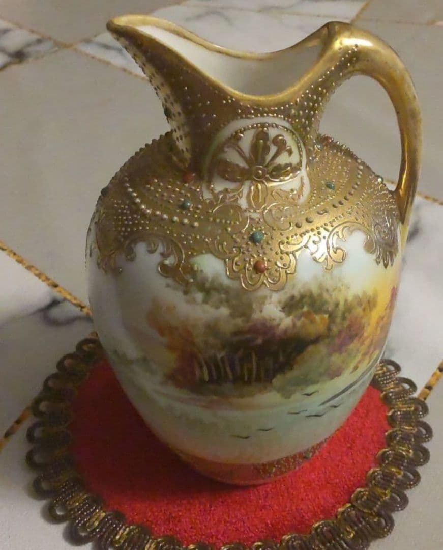 美*穂様 オールドノリタケ 金彩 メイプルリーフ エナメルビジューの美しい風景絵