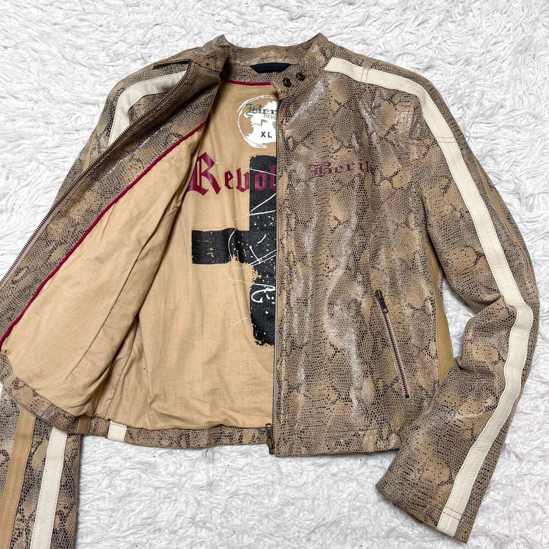 【希少!】パイソン柄 本革 シングルライダースジャケット 裏地ロゴ バッグロゴ