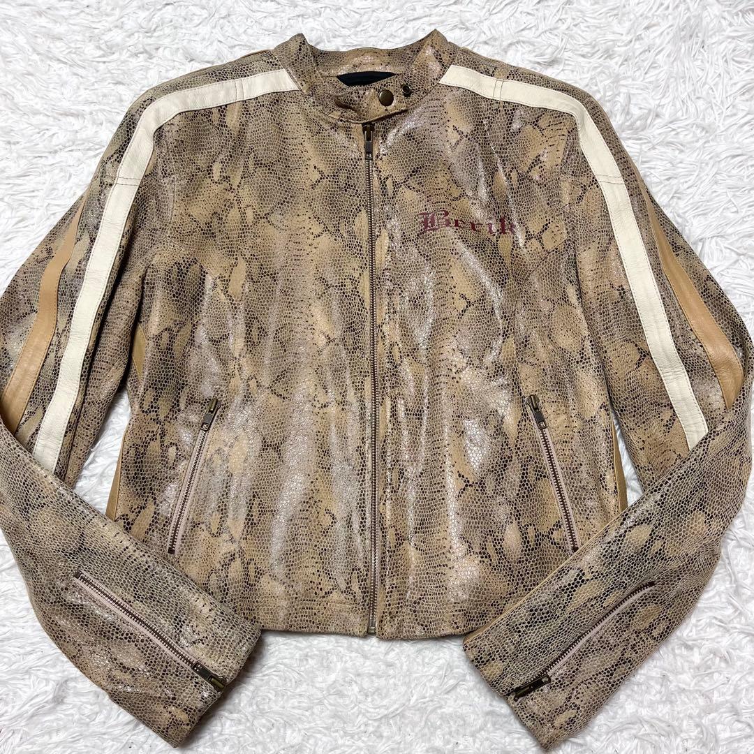 【希少!】パイソン柄 本革 シングルライダースジャケット 裏地ロゴ バッグロゴ