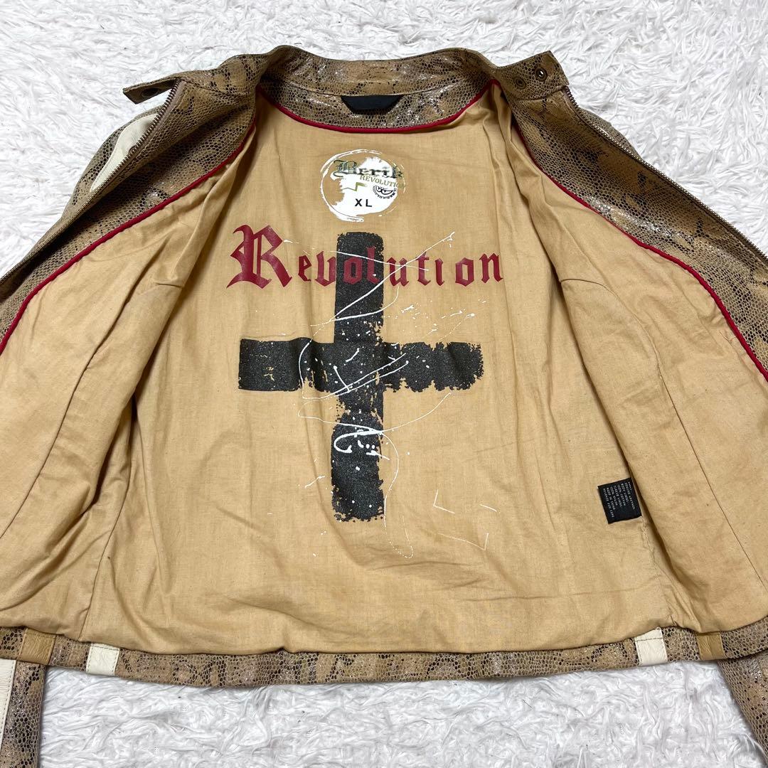 【希少!】パイソン柄 本革 シングルライダースジャケット 裏地ロゴ バッグロゴ