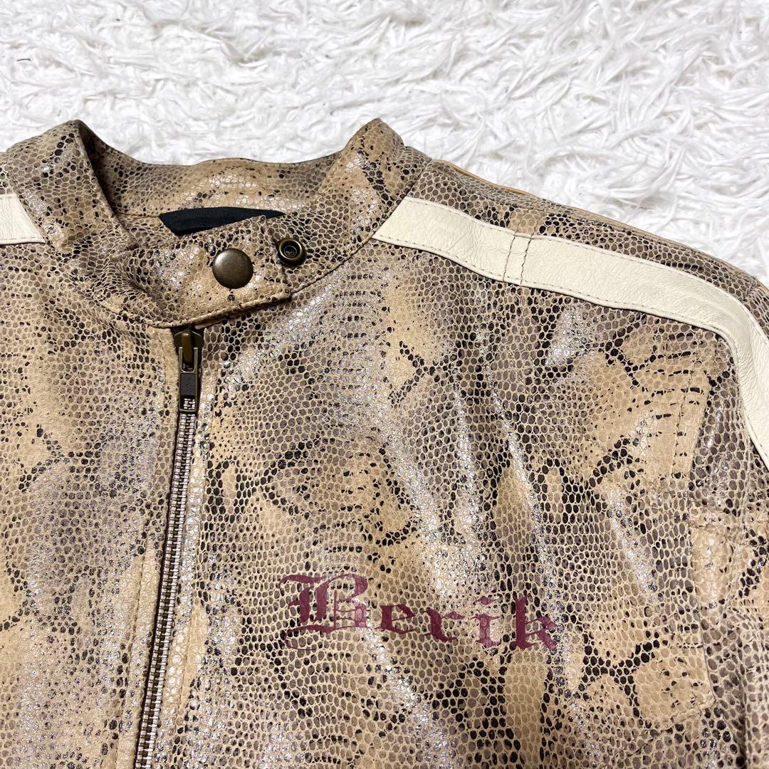 【希少!】パイソン柄 本革 シングルライダースジャケット 裏地ロゴ バッグロゴ