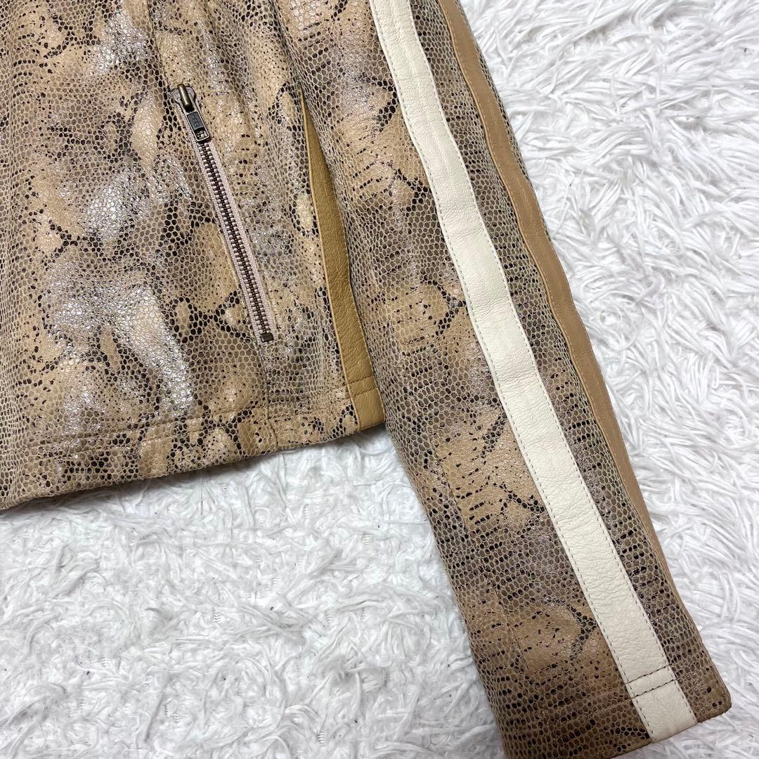 【希少!】パイソン柄 本革 シングルライダースジャケット 裏地ロゴ バッグロゴ