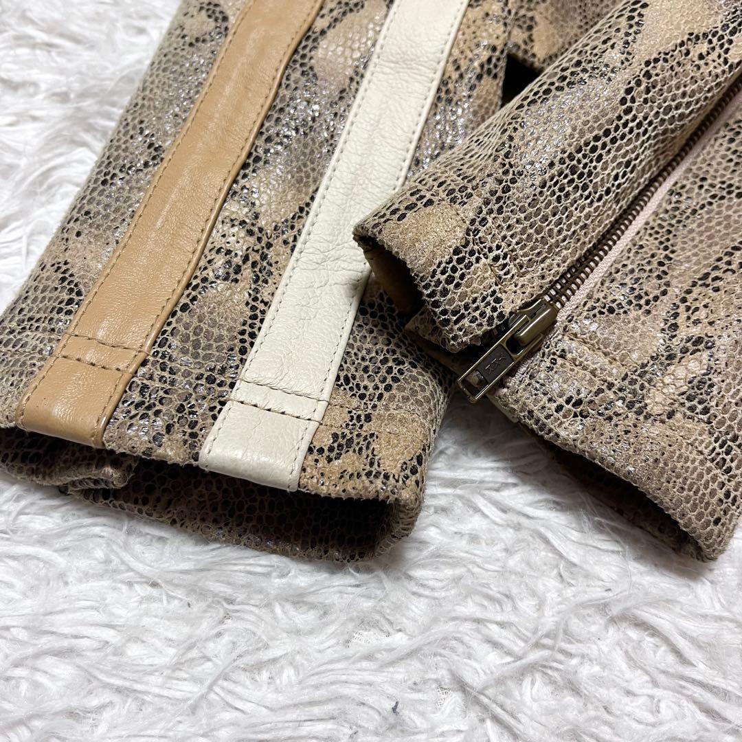 【希少!】パイソン柄 本革 シングルライダースジャケット 裏地ロゴ バッグロゴ