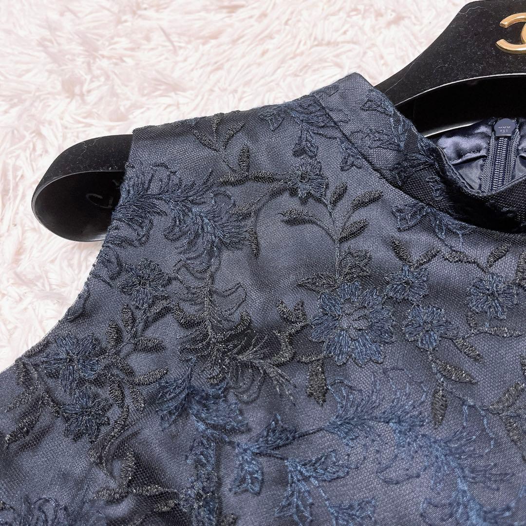 美品 Aimer ラメ 刺繍 レース サテン ロング ドレス レースアップ 紺色