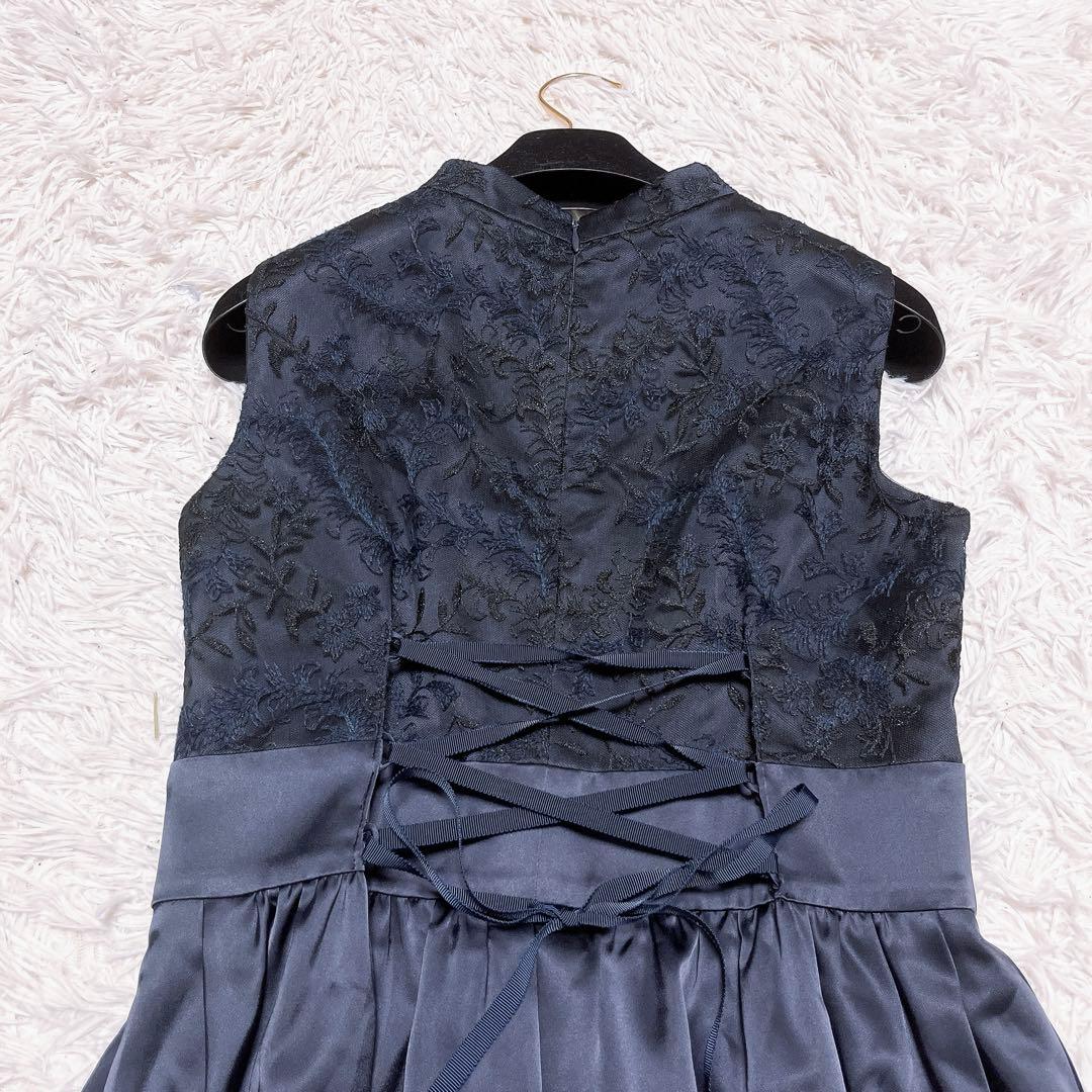美品 Aimer ラメ 刺繍 レース サテン ロング ドレス レースアップ 紺色