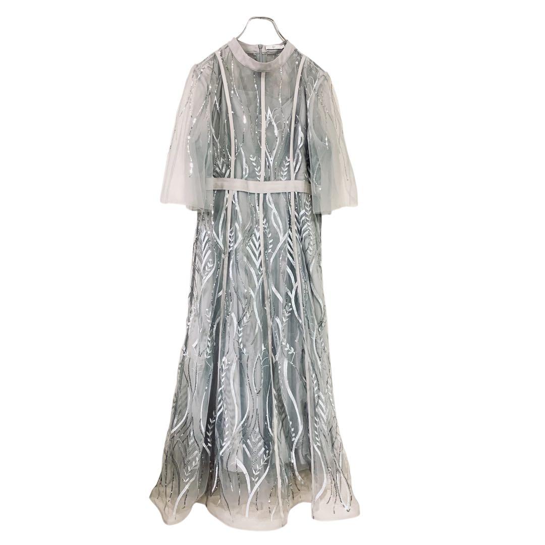 LEJA スパンコール刺繍レースプチハイネックフリルロングドレスワンピース