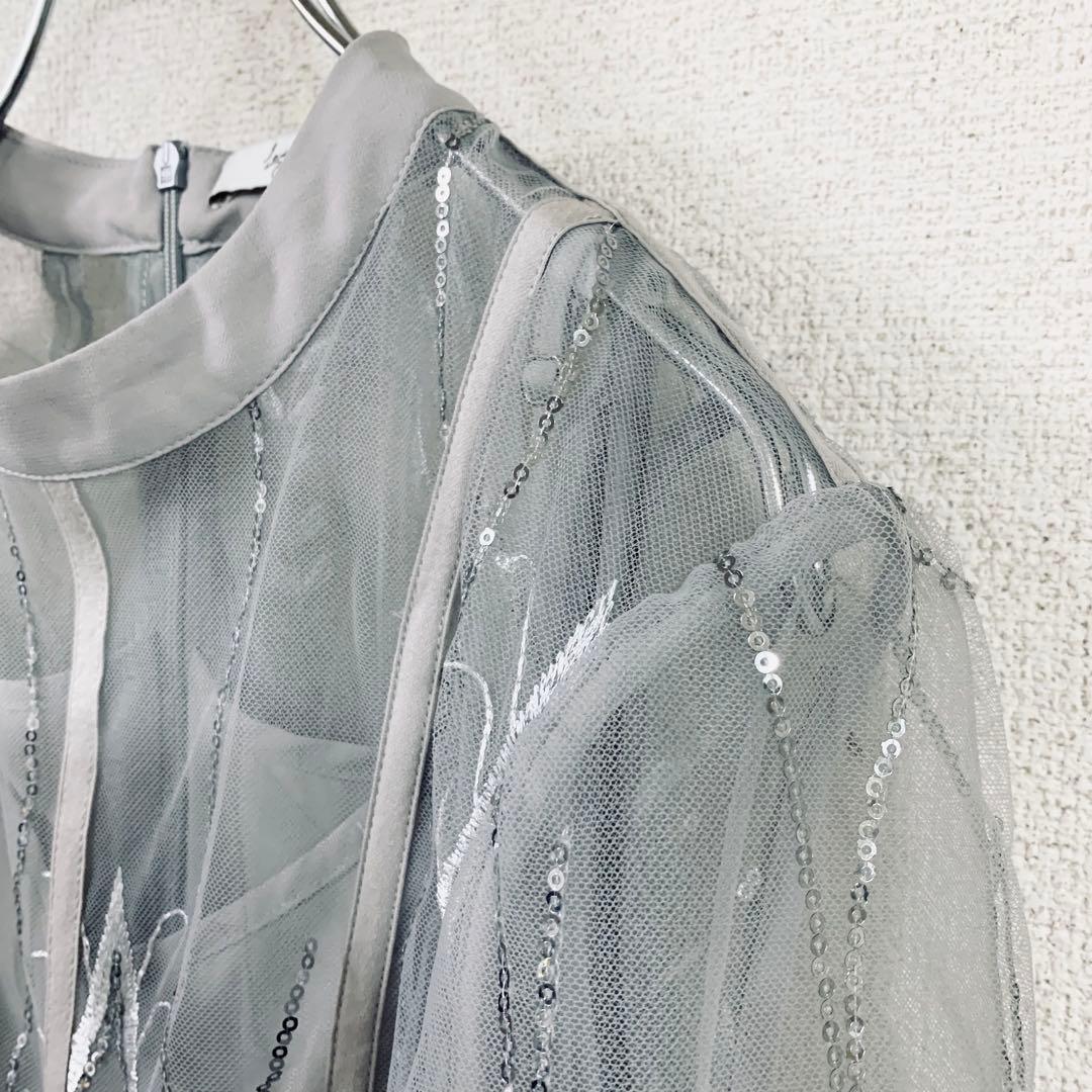 LEJA スパンコール刺繍レースプチハイネックフリルロングドレスワンピース