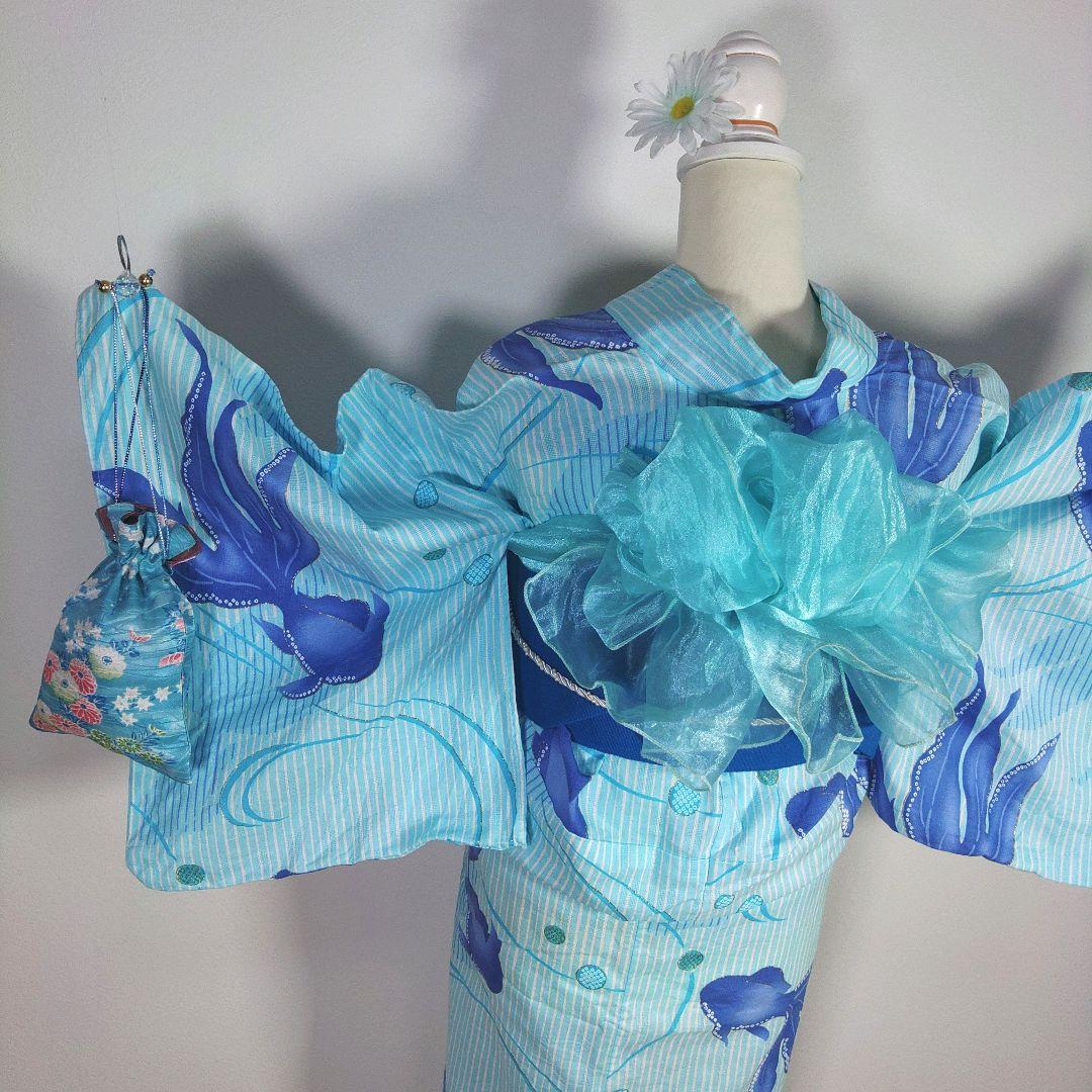 レディース　浴衣　セット　身丈162cm　金魚　水色　ラメ　兵児帯　半幅帯　青