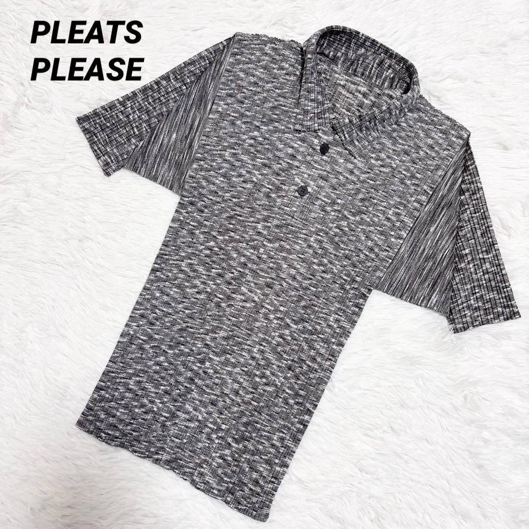 美品　プリーツプリーズ 　半袖　シャツ　ブラウス　襟　総柄　グレー　サイズ3