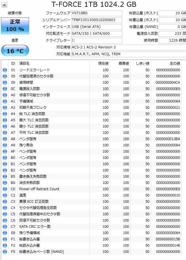 健康状態100%　1TB SSD DELTA MAX