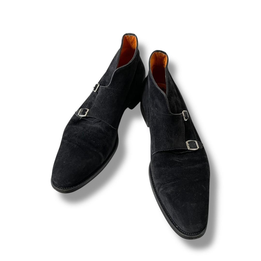 サントー二　スエード　ダブルモンク　ブラック　ビジネスシューズ