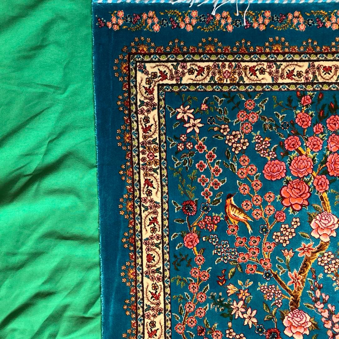 ペルシャ絨毯 青柄シルク 90cm×58cm